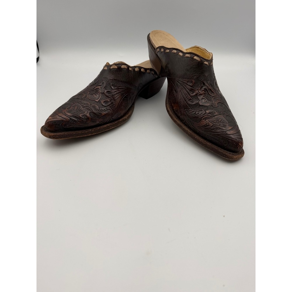 Corral Brown Tooled Leather Western Mules Floral Whipstitch Clogs Womens 9 M